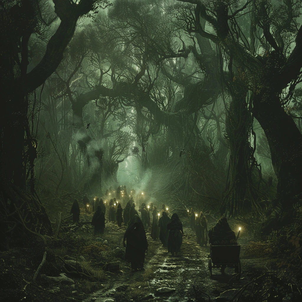 Imagen generada por IA de una caravana de canibales